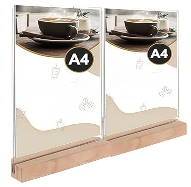 2 Stück A4 Acryl Plakatständer mit Holzfuß | Doppelseitiger Tischaufsteller als Speisekartenhalter & Werbeständer für Restaurant, Büro, Shop oder Messe Loopunk