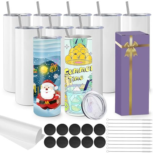 MSYU 10 Pack Sublimation Tumblers Blank 20 oz Straight Skinny Bulk for Heat Transfer, Double Wall Insulated Tumbler with Lids, Straw, Rubber Bottoms, Individually Gift Boxed