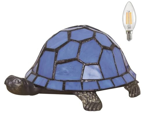 Kinbolas kleine Tischlampe,Tiffany-Stil Schildkröte Buntglas Lampenschirm Tischleuchte,vintage nachttischlampe,Schlafzimmer, Wohnzimmer kinderzimmer Art Deco lampe mit LED E14 Birne(Blau)