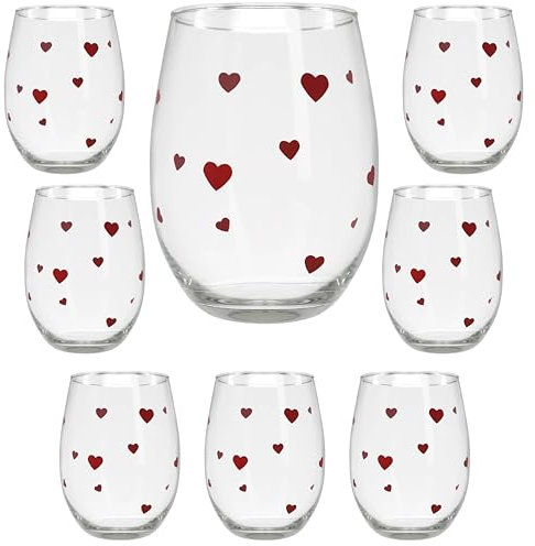 Juego de 8 copas de vino con diseño de corazones rojos, 414 ml