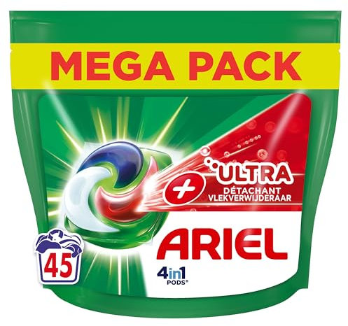 Ariel 4 in 1 PODS Detersivo Liquido In Capsule 45 Lavaggi, Tecnologia Ultra Smacchiatore, Elimina Macchie Incrostate A Bassa Temperatura Anche Dopo 7 Giorni, Made In France