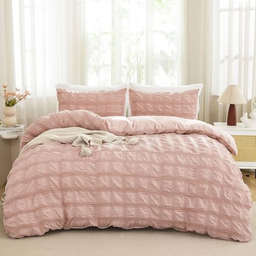 Fondream Set di biancheria da letto con copripiumino rosa in seersucker, per letto matrimoniale, design con nappe e pompon, con chiusura a cerniera (rosa, matrimoniale)