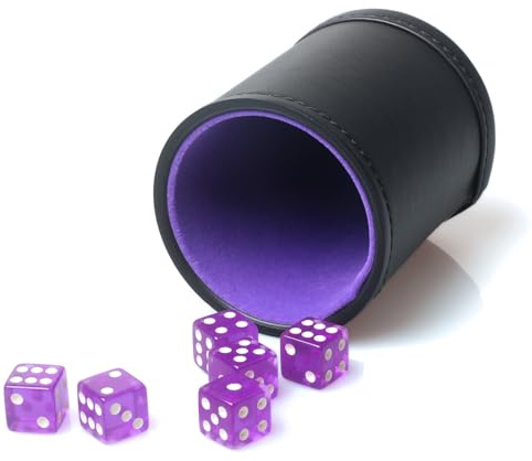 RERIVER PU Leather Dice Cup Set, Purple Velvet Interior Dice Cup Shaker Quiet with 6 Purple Translucent Dice for Liars Dice/Farkle/Yahtzee Games, 1 Pack