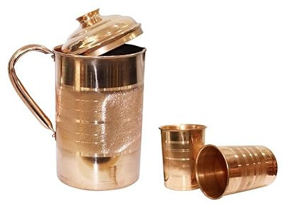 BRACOP® Pichet à Eau en cuivre Pur Pichet à Eau Potable Pichet à Eau avec Couvercle Pichet de Service ayurvédique en cuivre Tasse en cuivre Pur de 1,7 Litre Tasse à Eau Indienne Bouteille à Boire