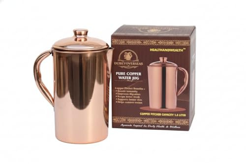 HEALTHANDWEALTH® Pure Copper Pitcher for Ayurvedic Health Benefits 1.5 Liter Handcrafted Copper Water Jug with Matching Lid | for Serving More Water with Family