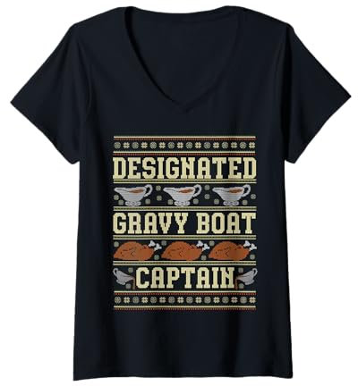 Womens Ugly Thanksgiving Sweater Gravy Boat Captain V-Neck T-Shirt
