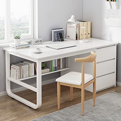 Computertisch mit Ablagen und 3 Schubladen, einfacher und moderner Stil, Schreibtisch, Heimbüro, Arbeitsplatz, Schreibtisch (99 cm, Weiß)