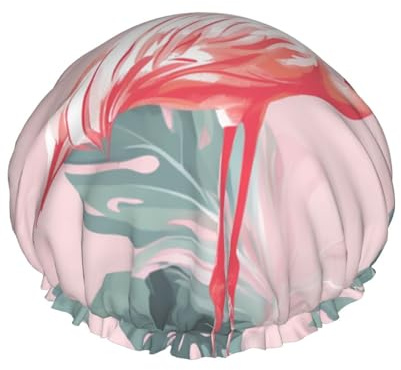 Sommer-Flamingo-Palmenblätter, doppellagig, Duschhaube für Damen, wiederverwendbar, geeignet zum Baden und Spa