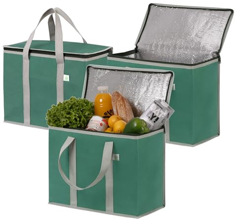 VENO 3 Pack Cooler Bag and Insulated Grocery Bags for Food Delivery, Collapsible Cooler, Reusable Shopping Bags for Groceries with zipper, Foldable, Heavy-Duty, Stands Upright (Green, 3 Pack)