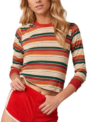 EMOTTOS Donna Rainbow Maglietta a Righe, Y2K T-Shirt Colorblock Slim Fit con Manica 3/4, Aderente Top di Patchwork a Righe con Collo Rotondo Maglietta per Uscire in Discoteca, M