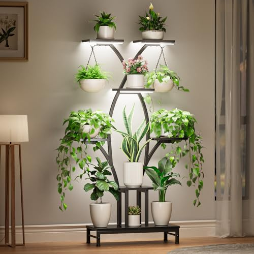 Mutool Plant Stand Indoor with Grow Lights, 163cm Tall Plant Shelf for Flower Display, Space-Saving Corner Flower Stand for Home, Living Room, Office & Patio Decor, Black