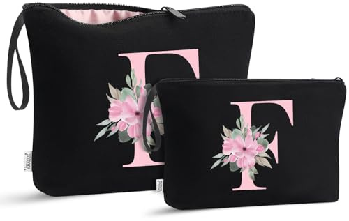 Vavabox 2Pcs Initial Toiletry Bags Set Birthday Gifts for Women (F, Black) | Travel Portable Toiletry Bag with Handle, Personalised Makeup Bags