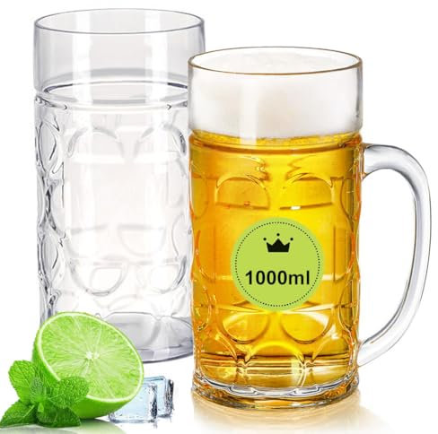 AXIM Plastic Beer Mugs with Handle,2 Pack 33oz Clear Resuable Beer Stein Drinking Cups for Freezer,Large Beer Mugs for Men