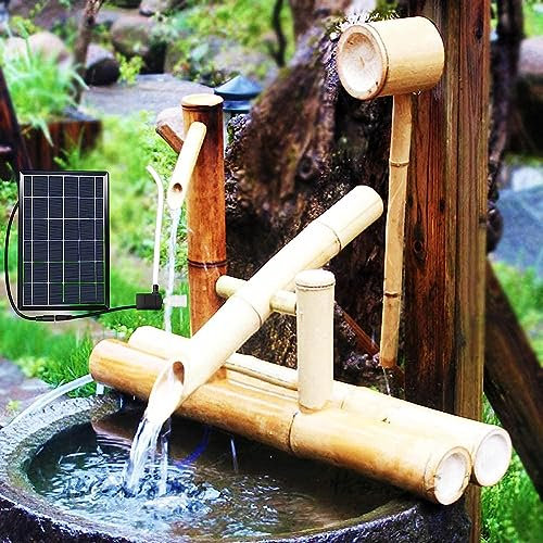 Fontana ad energia solare in bambù, decorazione da giardino zen con pompa, Feng Shui, per uso interno/esterno, perfetta per cortile prato e spazi tranquilli