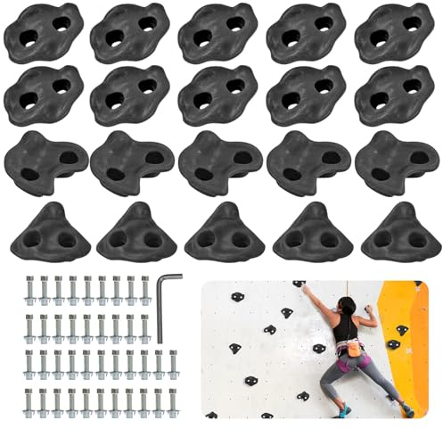 TeamSky Climbing Frame Accessories – 20 Black Rock Climbing Holds for Kids, Indoor & Outdoor Use, Easy to Install, Durable and Safe Climbing Wall Grips, Black