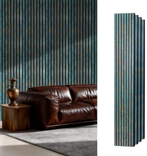 GreenClad Wood Slat Wall Panels for Interior Wall Decor, Acoustic MDF Wall Panels with PET Backing, Easy Install Wall Paneling for Living Room Bedroom Office, Antique Teal Blue Accent (94 x 12.6)