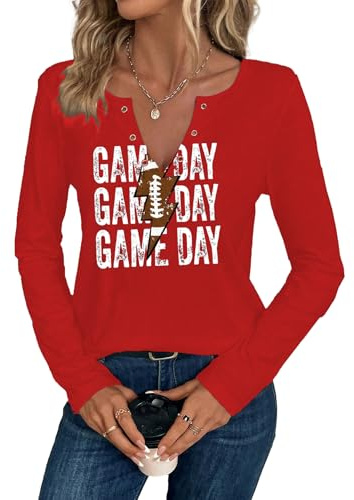 Game Day Outfits Shirts Women Long Sleeves Football Graphic Tee Tops Funny Football Game Day Shirts for Teen Girls(Red 4,L)