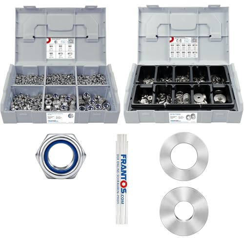 FRANTOS L-BOXX Mini Stoppmuttern & Unterlegscheiben Sortiment 1530 tlg. Set, M4 bis M12 (DIN 985, DIN 125 A & DIN 9021) Edelstahl A2, selbstsichernde Muttern Sicherungsmuttern