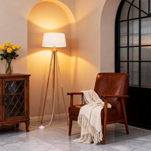 Aigostar Lámpara de Pie Trípode de Madera Maciza con Interruptor de Pie | Madera Maciza, Estilo Nórdico, Pantalla Blanca de Lino Plisada, Compatible con Bombilla E27 (Max.60W)