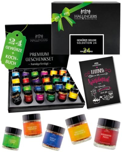 Hallingers Genuss Manufaktur Gewürz Geschenk-Set - 24 Gewürze aus aller Welt in wertiger Geschenkbox mit Rezept-Booklet 24er Gewürz-Set..., Geschenkidee für Frauen Männer