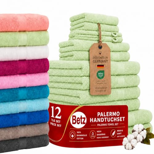 Betz Palermo Handtuch-Set 12-teilig – 100% Baumwolle – Oeko-TEX® Zertifiziert – extra saugfähig & weich – hohe Grammatur – Duschtücher, Handtücher, Gästetücher & Waschhandschuhe Farbe grün