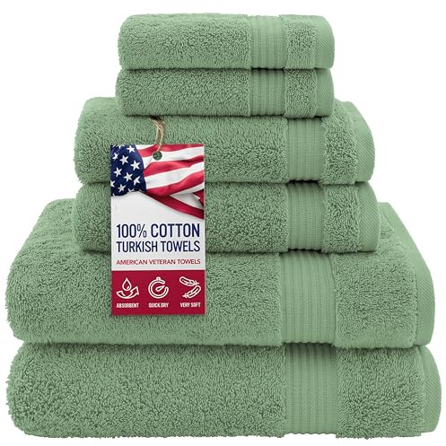 American Veteran Towel, Türkisches Handtuch-Set, 100% Baumwolle, 6-teilig, luxuriöses Handtuch-Set, für Badezimmer-Essentials, 2 Badetücher, 2 Handtücher, 2 Waschlappen, Salbeigrün