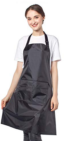 Handgefertigte schwarze wasserdichte weiche PVC-Schürze mit verstellbarem Nackenband und Vordertaschen, abwischbar und desinfizierbar, Schwarz , One size