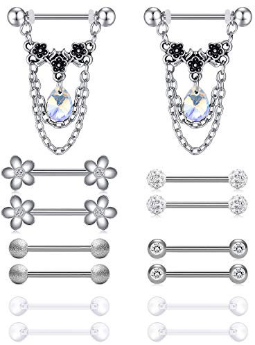 Crdifu 14G Brustwarzenpiercing Set Nippel Piercings 16mm Chirurgenstahl Silber Brustpiercing Damen