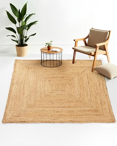 carpetfine Juteteppich Nele Beige handgewebt aus Jute 200x200 cm | Quadratischer Naturfaserteppich im Boho Style für Wohnzimmer, Küche und im Flur