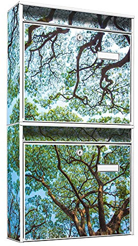 banjado Briefkastenanlage 2 Fach - 2 Briefkästen 36x64x10cm groß - Doppelbriefkasten Set - Namensschild, 2 Schlüssel, Montagematerial - Stahl verzinkt weiß - Motiv Wald Bäume
