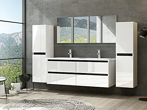 Badmöbel Set Hochglanz mit Schubladen Glas ablage (Dennis Weiss, 120 cm Doppelbecken ohne Hochschrank)
