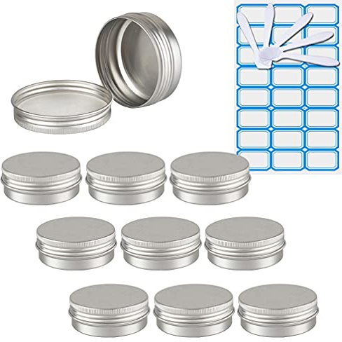 ZEOABSY Pack of 10, Empty 40ml Silver Aluminium Tins with Screw Lids Round Cosmetics Containers Pots Storage Jars for Lip Balm DIY Candle Salve Powder Crafts with 5 Spatula, 1 Labels