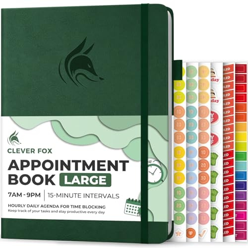 Clever Fox Appointment Book – Hourly Schedule Planner with 15-Minute Increments – Time Box Planner for Daily Work & To-Dos – Weekly & Monthly Spreads, Undated, Hardcover, A4 size, (Dark Green)