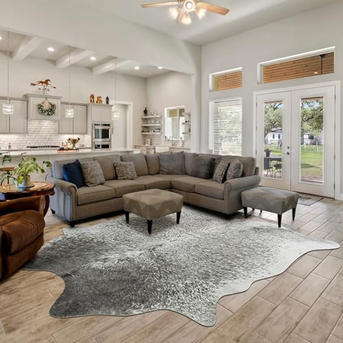 Rtizon Faux Cowhide Rug for Living Room, 4.6 x 5.2 Feet Grey, Cow Print Skins Rug for Bedroom, Premium Faux Fur Animal Cow Hide Rugs Carpet for Western Decor