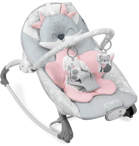 MoMi LUIS Babywippe für Babys bis 9 kg, 3-Punkt-Sicherheitsgurt, 3-fach verstellbare Rückenlehne, Metallgestell, Antirutsch-Füßchen, sensorisches Modul + 2 Spielzeuge + abnehmbares Kissen