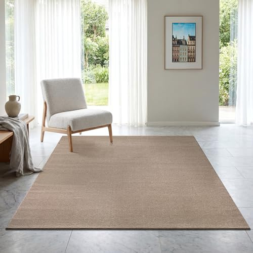 SANAT Kurzflor Teppich Wohnzimmer - Uni Modern Teppiche fürs Schlafzimmer, Arbeitszimmer, Büro, Flur, Kinderzimmer und Küche - Beige, 160 x 230 cm