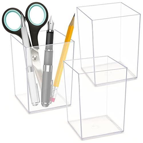 Cisolen 3 Stück Acryl Stifthalter Stifteköcher Kinder Stiftebecher Klarer Bleistifthalter Klar Kunststoff Quadratischer Pinselhalter für Desktop Schreibwaren Schminke Stifte Schreibwaren