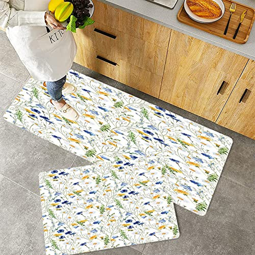 Küchenteppich Teppich Läufer Küchenläufer 2 Stück rutschfest,Blumenrosen, Mohnblumen und Gänseblümchen Blumendruck Wildblumen Aquarell, mehrfarbig,, Waschbar für Flur Küche 40 x 100 cm+40 x 60 cm