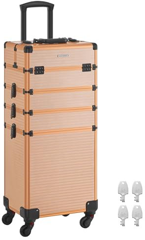 SONGMICS Valigetta Trucchi, Valigia Porta Trucchi 4 in 1, Grande, Trolley Make Up, Beauty Case da Viaggio, 34 x 24 x 79,3 cm, Serratura, Ruote Girevoli a 360°, per Truccatori, Oro Champagne JHZ015A01