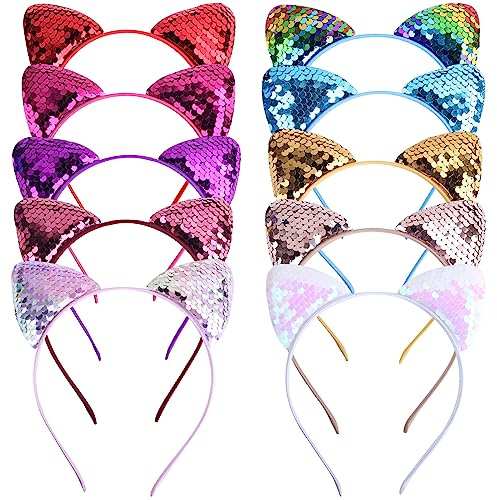 EUDUQ Kattöron hårband set, 10 stycken glitter katt hår hoops metall kattöron pannband paljetter kattöron pannband flicka hårsmycke för födelsedagsfest cosplay