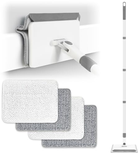 DELUX Baseboard Cleaner Tool with Handle, Baseboard Cleaner with Extendable Long Handle, 4 Reusable Cleaning Pads Wall Cleaner for Baseboards Cleaning, Ceiling, Wall, Floor, Shower Bathroom Kitchen