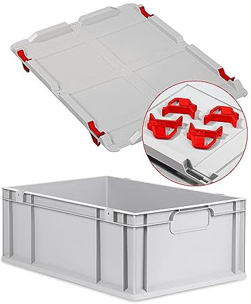 Eurobox NextGen Economy 60x40x22cm Griffe geschlossen mit Auflagedeckel grau, Kunststoffbox 44 Liter stapelbar Transportbehälter lebensmittelecht, Farbe Deckel-Verschlüsse wählbar (Verschlüsse Rot)