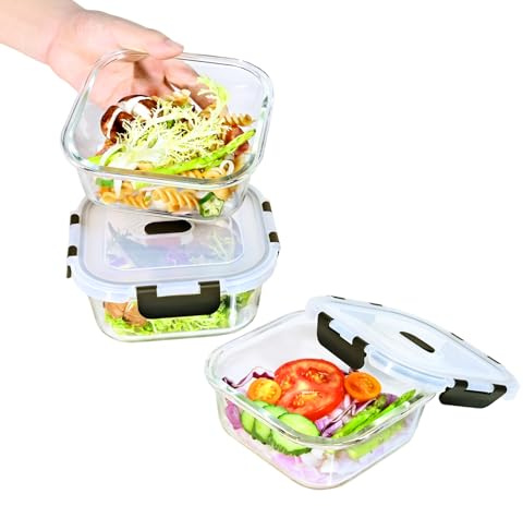 ERUIV Glasbehälter Mit Deckel, 3er-Vorratsdosen Glas, Glasschüssel Mit Deckel-800ml, Frischhaltedosen transparent, Meal Prep Boxen Glas mit Dampfventildeckel, BPA-frei Vorratsdosen Glas Mit Deckel