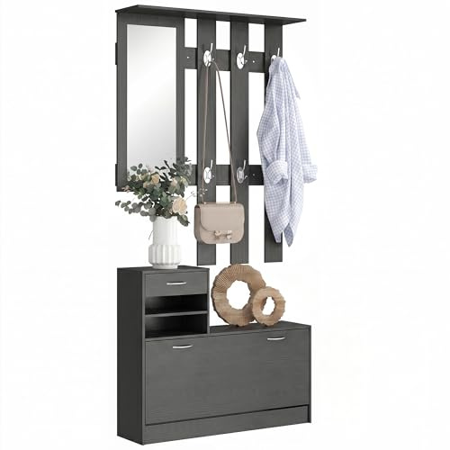 HOMCOM Set Mobili Ingresso Moderno con Scarpiera e Specchio, Appendiabiti da Ingresso con 6 Ganci, 2 Ripiani Regolabili e Cassetti in Legno per Corridoio, 90x24x177 cm, Nero