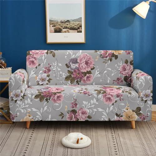 Couchbezug Stretch Sofa Überzug rote Blumen Elastische Couch Überzug Universal Sofa Überzug 3 Sitzer, Sofaschoner rutschfest Hund Katze für Wohnzimmer