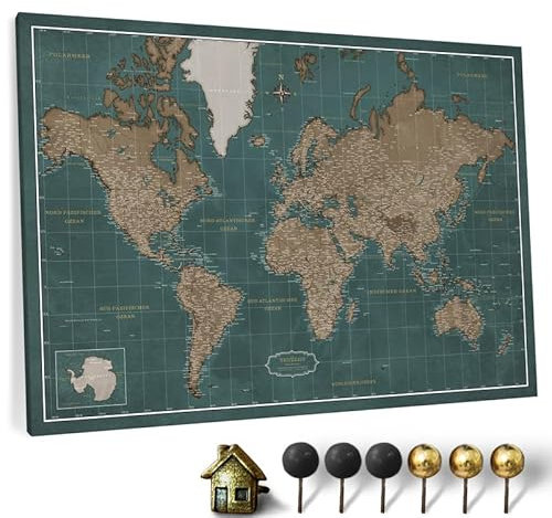 Hochwertige Canvas Weltkarte mit Kork-Pinnwand - Deutsche Beschriftung - Dekorative Wanddeko für alle Zimmer - Leinwandbilder mit Weltkarte Motiv (70x50 cm, Muster 4 Deutsch)