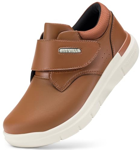 FitVille Extra Weite Lederschuhe Herren mit Klettverschluss Reha Schuhe Business Casual Herrenschuhe Bequeme Gesundheitschuhe Pflegeschuhe für Hoher Spann Orange 50 Weit