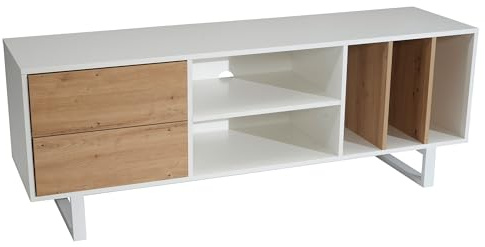 FineBuy Lowboard Eiche-Dekor 150x55x40 cm TV-Kommode Modern, Design TV-Schrank Hoch, Fernsehtisch Fernsehschrank mit Schubladen & Regal, Fernsehkommode Wohnzimmer Weiß