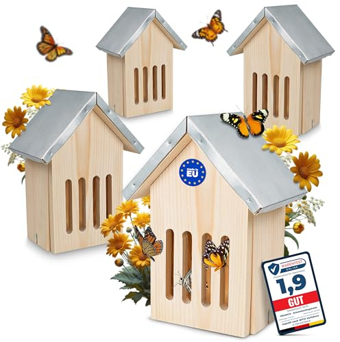 4 Stück Oramics Schmetterlingshaus aus Kiefernholz mit wetterfestem Metall Dach [Made in Europe] Schmetterlingshotel für Garten und Balkon – Schmetterling Insektenhotel zum Züchten oder zur Aufzucht