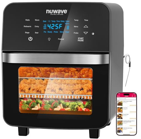 Nuwave Brio - Freidora de aire 10 en 1 de 15.5 cuartos de galón 10 en 1, tamaño familiar XL, aire frito uniforme y crujiente, recalentar, asado, deshidratar para comidas rápidas, control de 50 ° -400